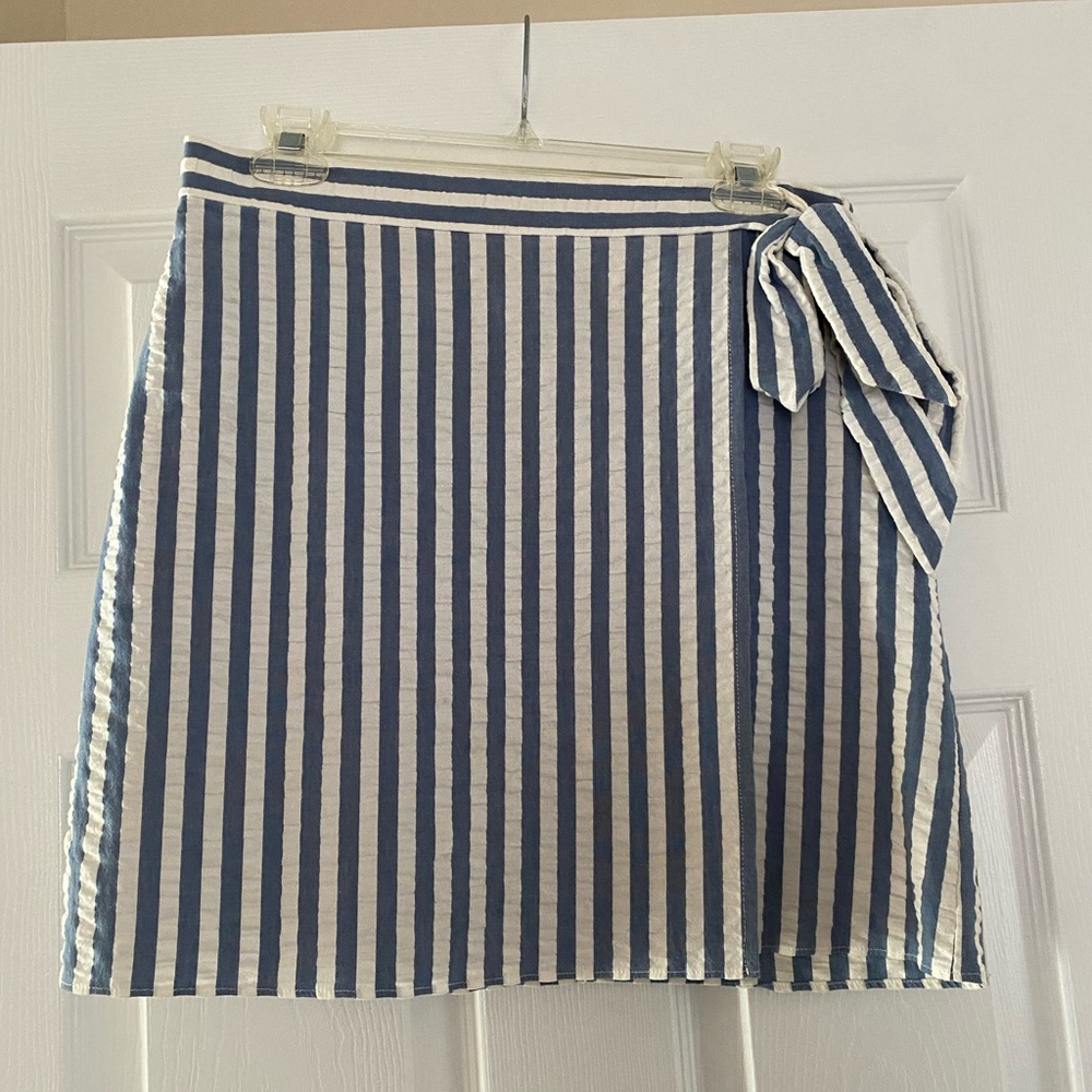 J. Crew Blue and White Striped Wrap Mini Skirt